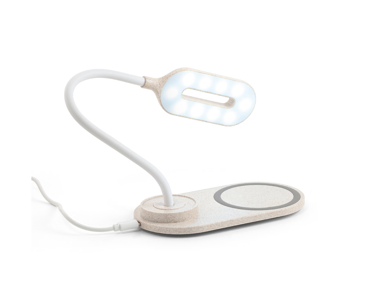 Luminária de mesa em ABS e fibra de palha de trigo com carregador wireless. A haste é flexível para ajustar a direção da luz e contém 20 LEDs que permitem uma iluminação até 3 níveis de intensidade