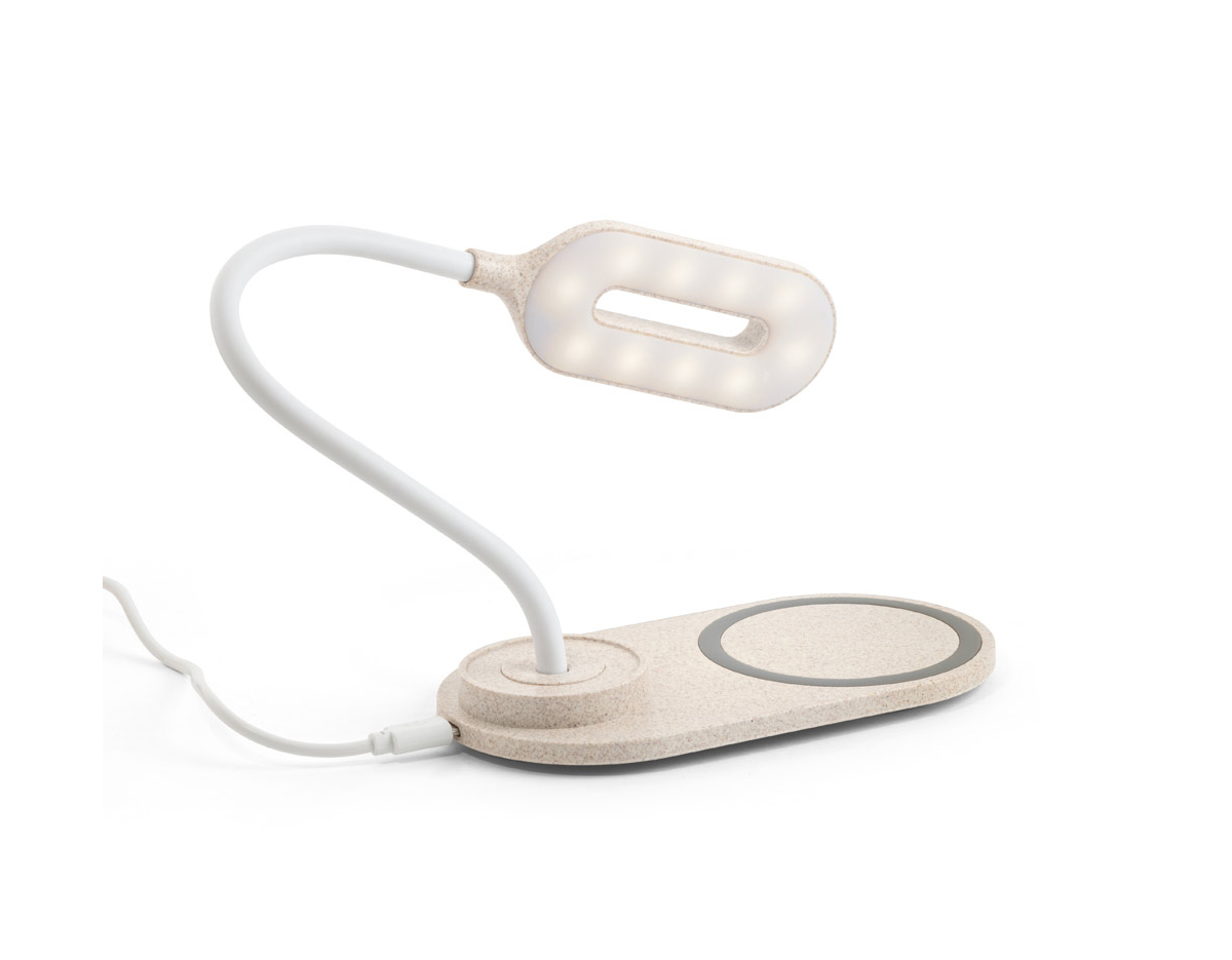 Luminária de mesa em ABS e fibra de palha de trigo com carregador wireless. A haste é flexível para ajustar a direção da luz e contém 20 LEDs que permitem uma iluminação até 3 níveis de intensidade