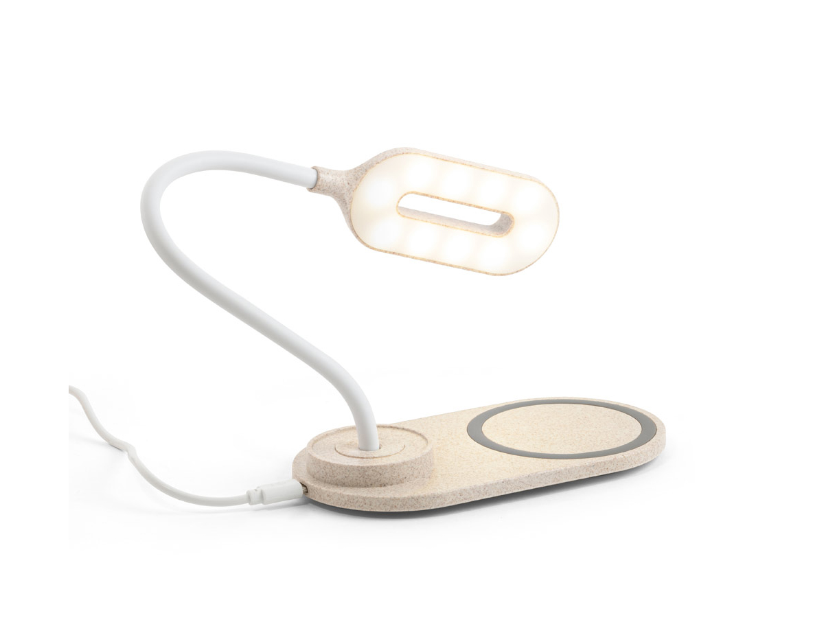 Luminária de mesa em ABS e fibra de palha de trigo com carregador wireless. A haste é flexível para ajustar a direção da luz e contém 20 LEDs que permitem uma iluminação até 3 níveis de intensidade