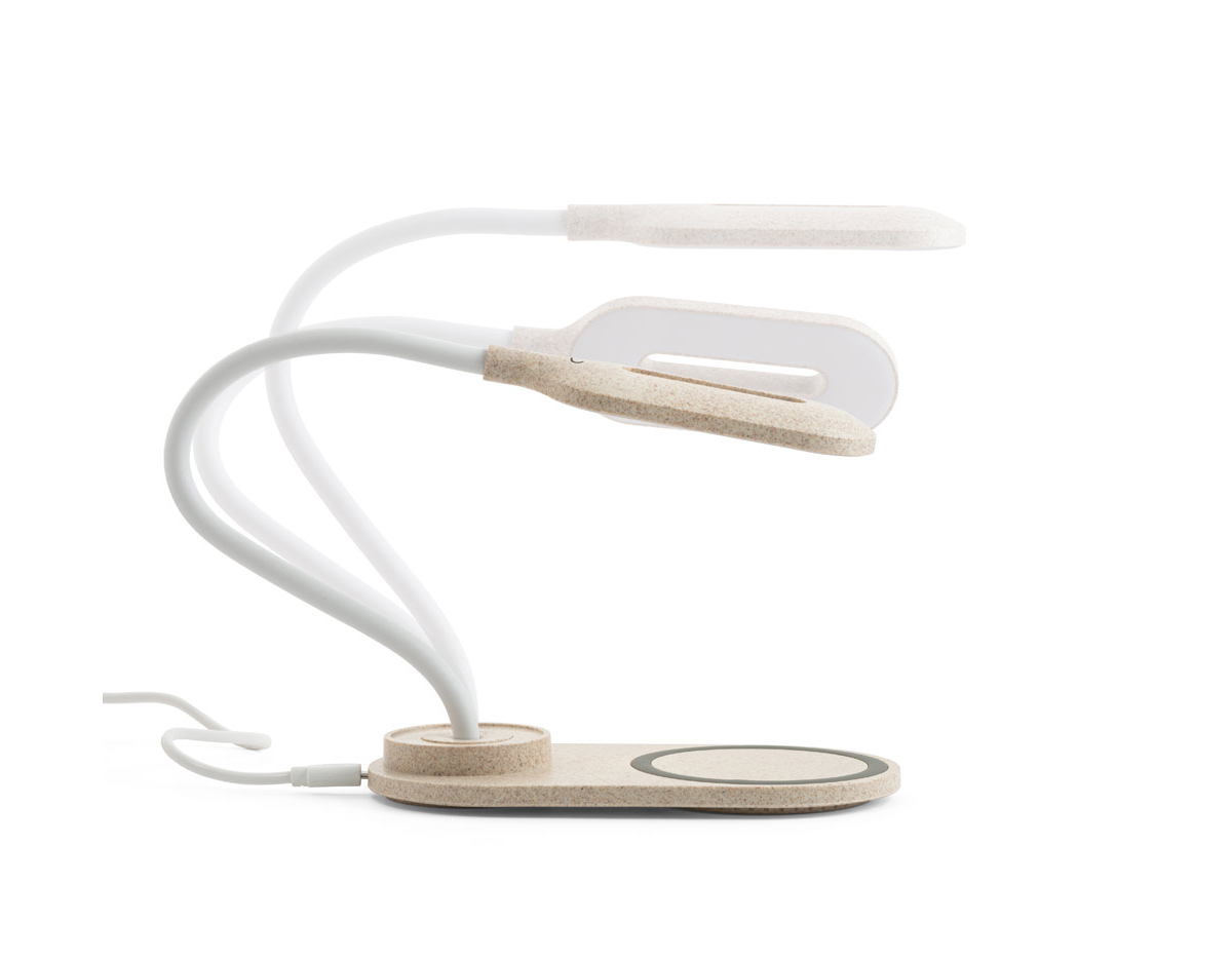 Luminária de mesa em ABS e fibra de palha de trigo com carregador wireless. A haste é flexível para ajustar a direção da luz e contém 20 LEDs que permitem uma iluminação até 3 níveis de intensidade