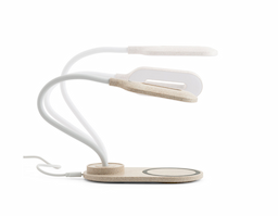 Luminária de mesa em ABS e fibra de palha de trigo com carregador wireless. A haste é flexível para ajustar a direção da luz e contém 20 LEDs que permitem uma iluminação até 3 níveis de intensidade