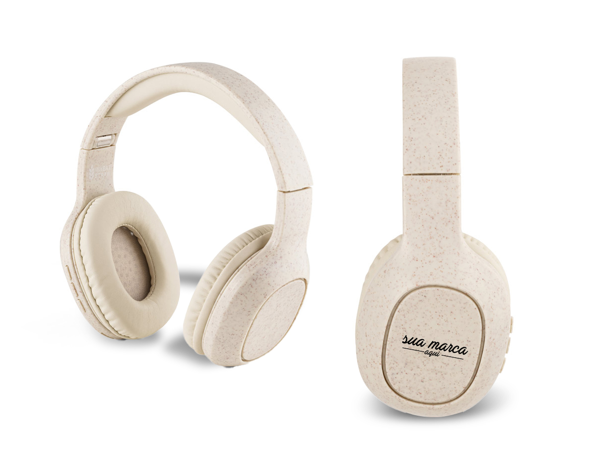 Fones de ouvido dobráveis wireless em fibra de palha de trigo e ABS. Potência de 32mW e transmissão bluetooth 5.0 com alcance até 10m. Bateria com capacidade de 400mAh e tempo de reprodução até 13 horas.