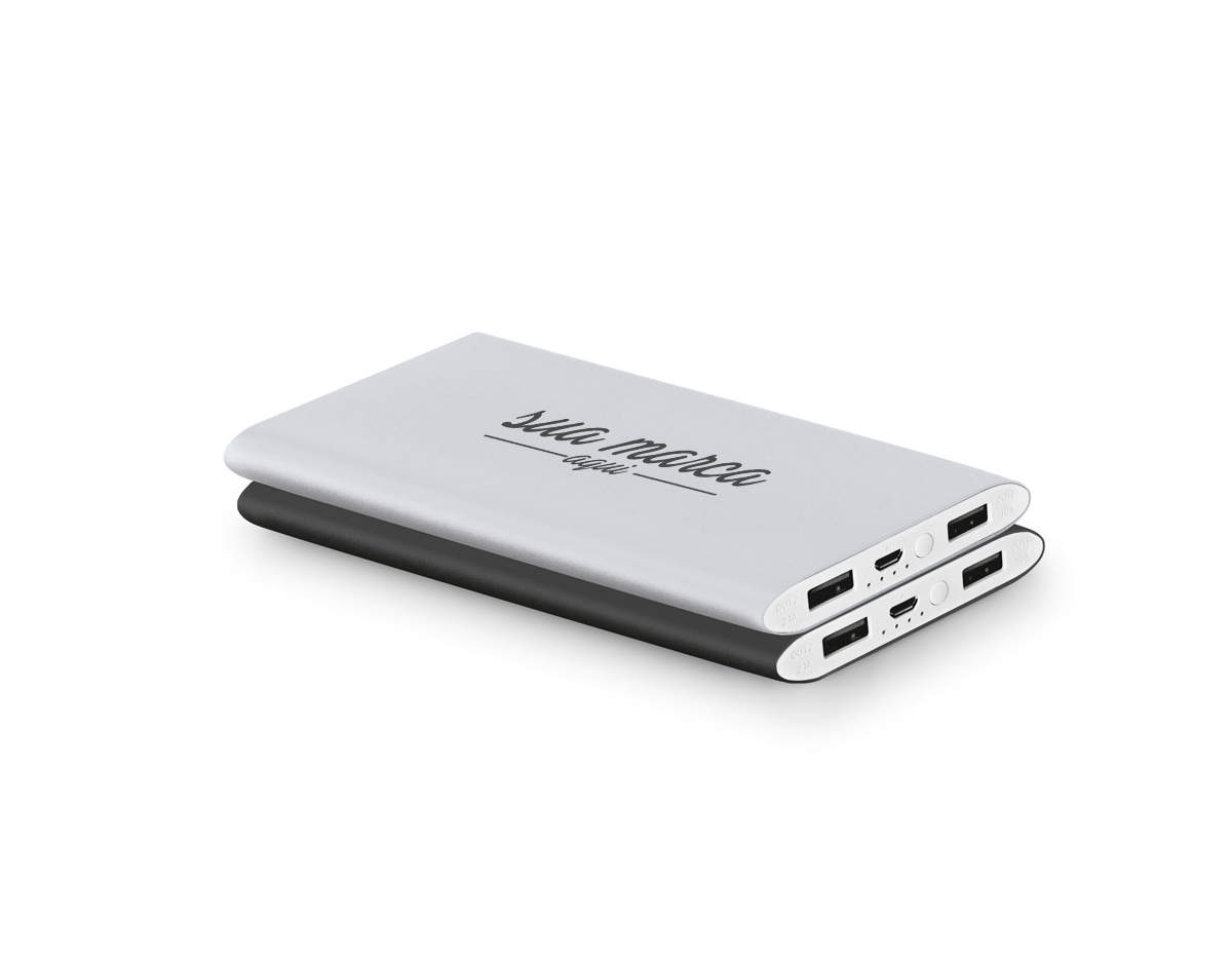 Bateria portátil em alumínio. Bateria de lítio com capacidade de 7.600 mAh e tempo de vida = 500 ciclos. Com entrada 5V/1A , saída 5V/1-2.1A e 2 portas USB. Incluso cabo USB/micro USB para carregar a bateria.