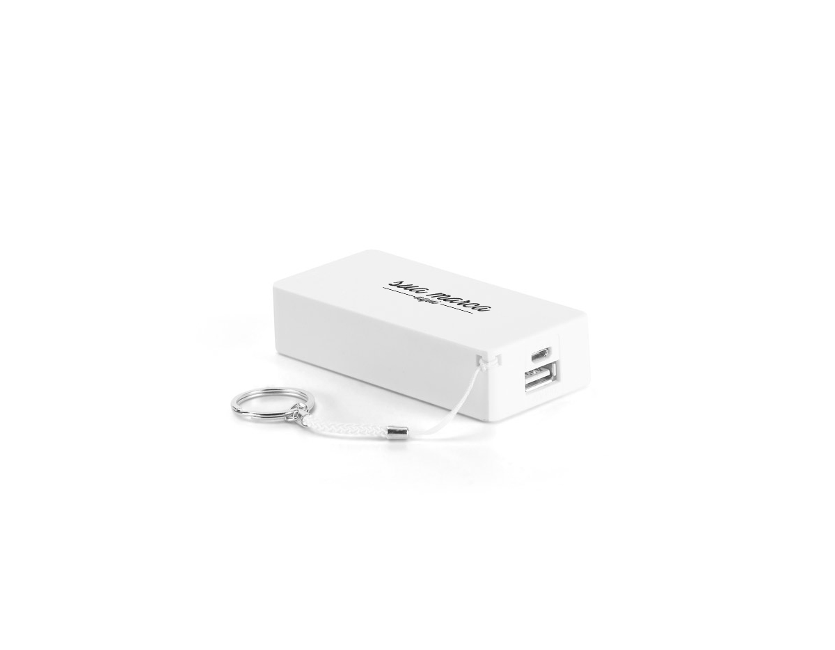 Bateria portátil em ABS. Bateria de lítio com capacidade de 4.000 mAh, tempo de vida = 500 ciclos e com entrada/saída 5V/1A. Incluso cabo USB/micro USB para carregar a bateria.