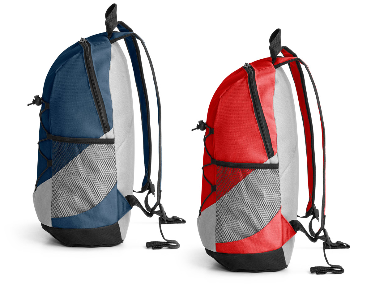 Mochila em 600D com bolsos laterais em tela e bolso interior. Parte posterior e alças almofadadas 250 x 420 x 180 mm