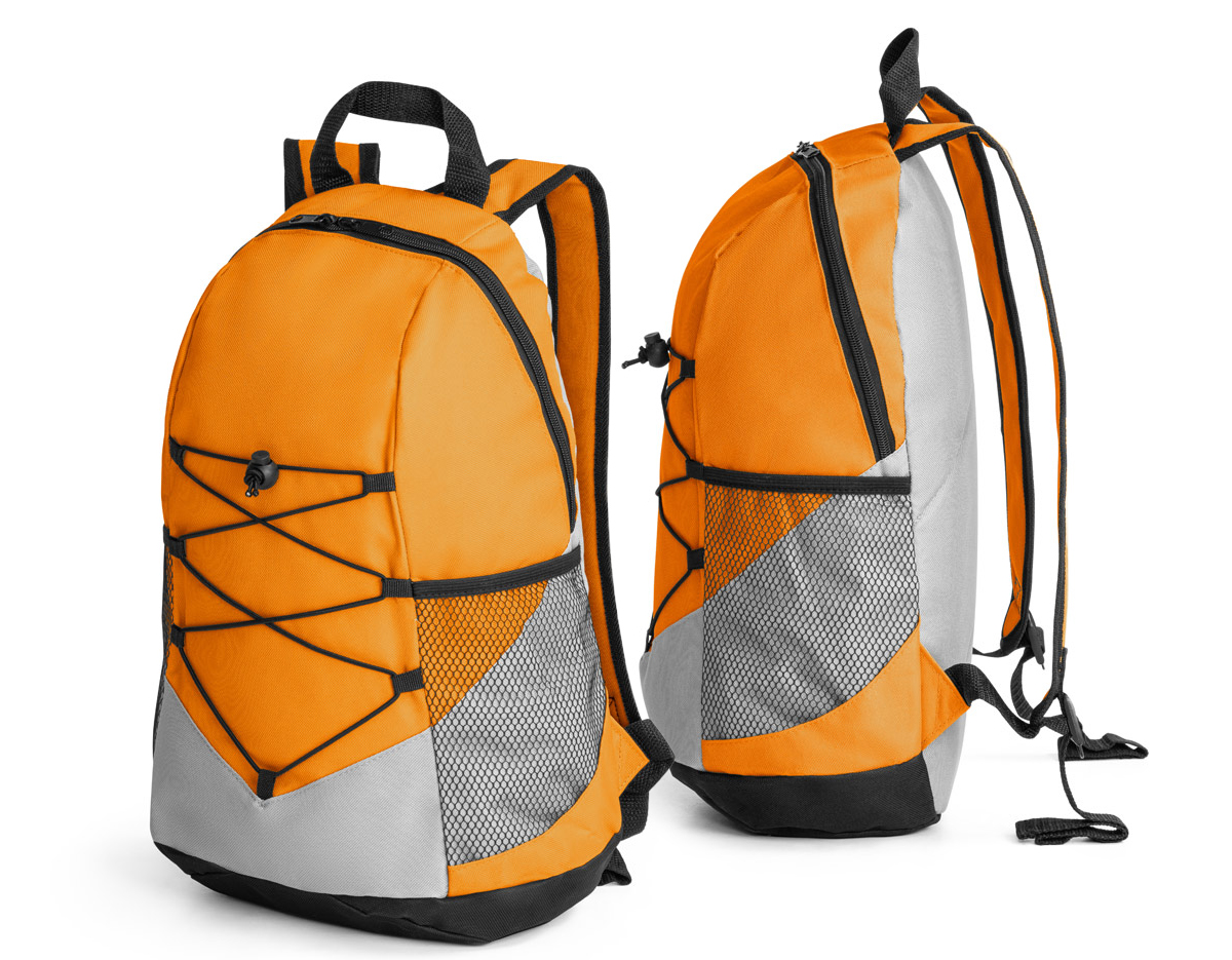 Mochila em 600D com bolsos laterais em tela e bolso interior. Parte posterior e alças almofadadas 250 x 420 x 180 mm