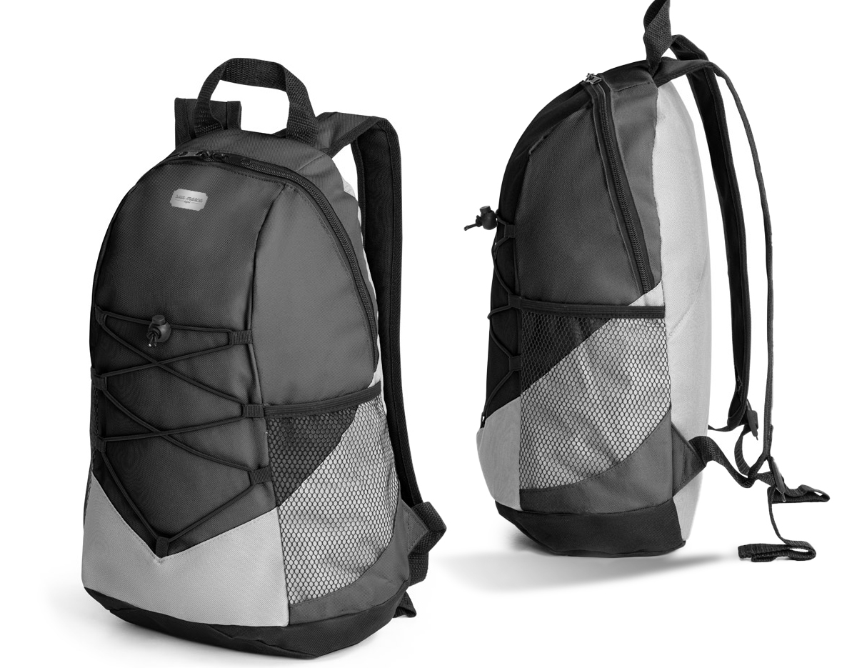 Mochila em 600D com bolsos laterais em tela e bolso interior. Parte posterior e alças almofadadas 250 x 420 x 180 mm