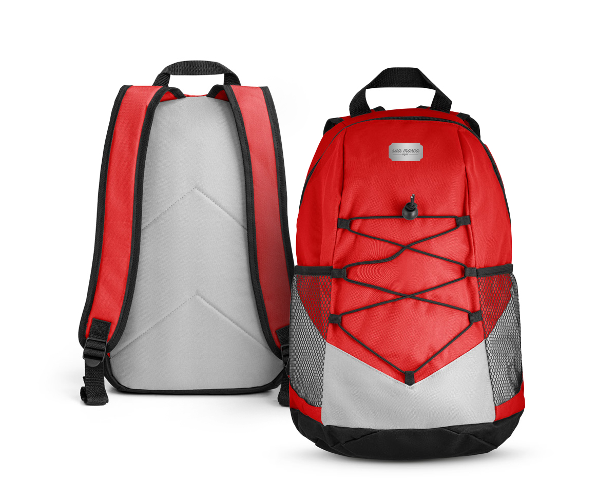 Mochila em 600D com bolsos laterais em tela e bolso interior. Parte posterior e alças almofadadas 250 x 420 x 180 mm