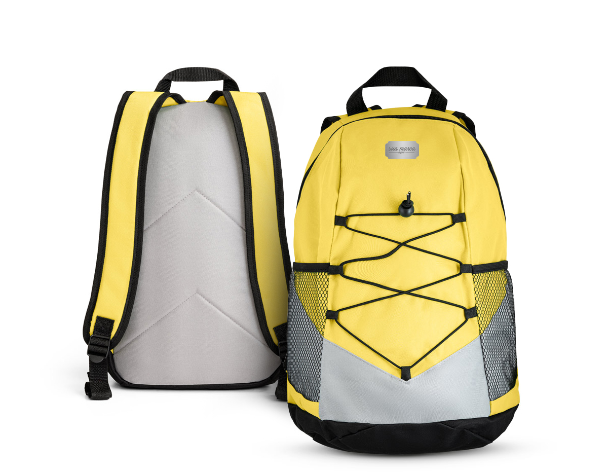 Mochila em 600D com bolsos laterais em tela e bolso interior. Parte posterior e alças almofadadas 250 x 420 x 180 mm