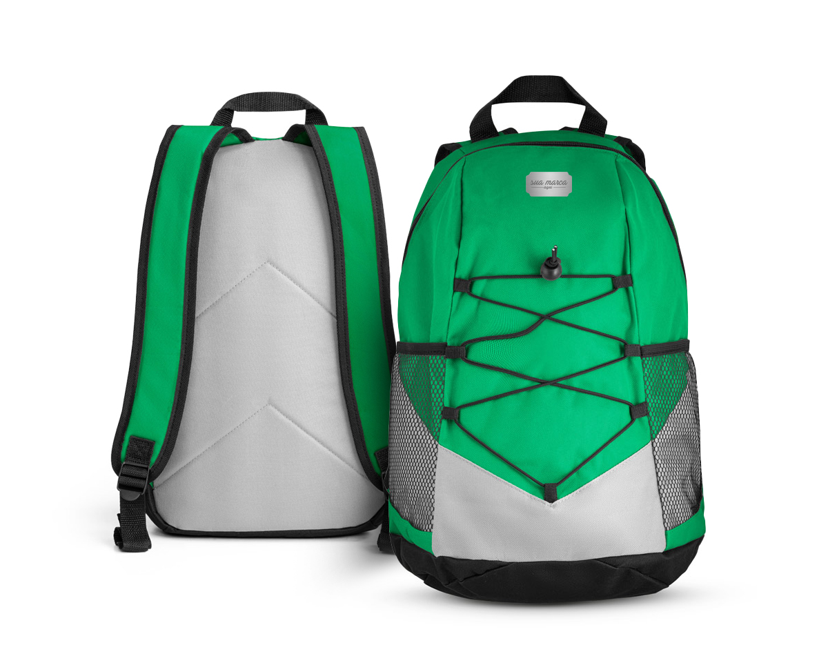 Mochila em 600D com bolsos laterais em tela e bolso interior. Parte posterior e alças almofadadas 250 x 420 x 180 mm