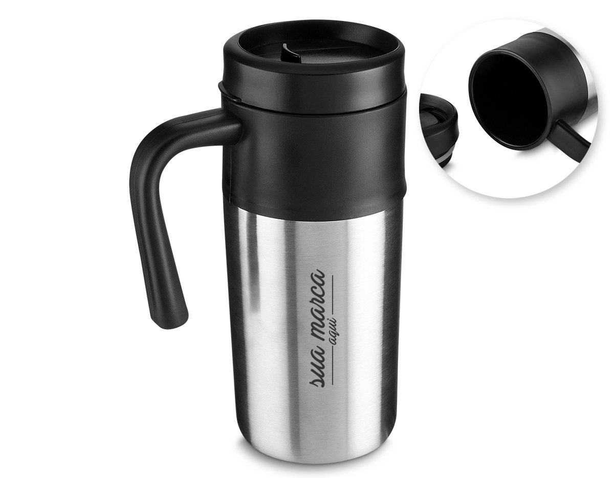 Caneca em aço inox com tampa plástica, Capacidade 450ml.