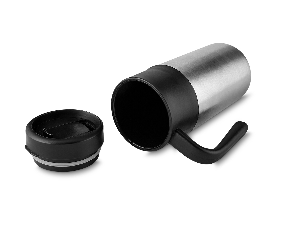 Caneca em aço inox com tampa plástica, Capacidade 450ml.