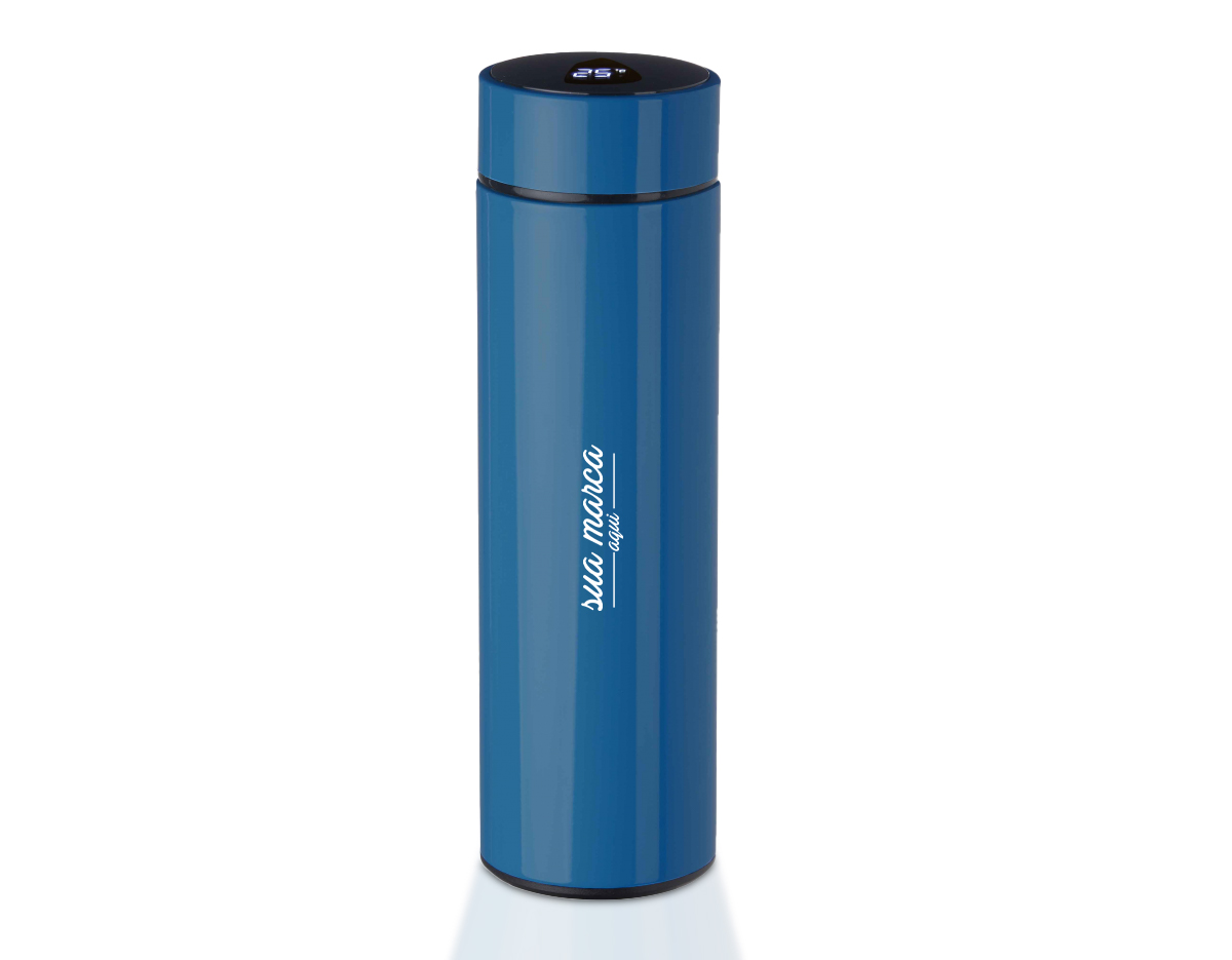 Garrafa térmica em aço inox com parede dupla 450ml com infusor,
Display LED com termômetro digital na tampa para indicar a temperatura do líquido,
Conserva líquido quente por até 5 horas e líquido frio até 7 horas