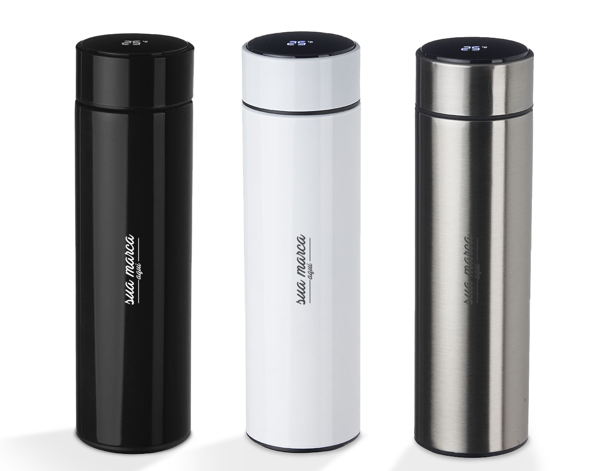 Garrafa térmica em aço inox com parede dupla 450ml com infusor,
Display LED com termômetro digital na tampa para indicar a temperatura do líquido,
Conserva líquido quente por até 5 horas e líquido frio até 7 horas