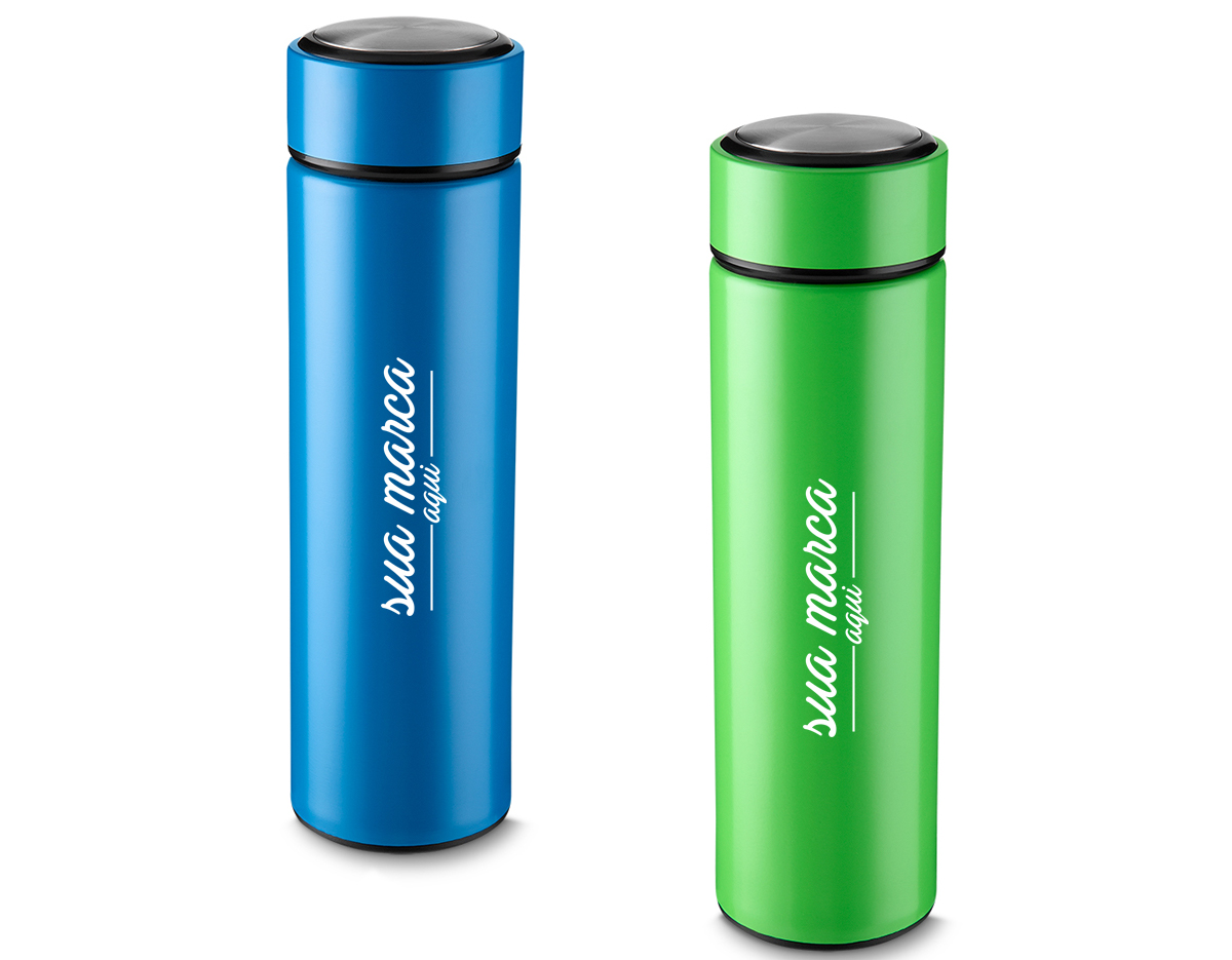 Garrafa em aço inox com parede dupla de 450 ml, conserva a temperatura quente ou fria