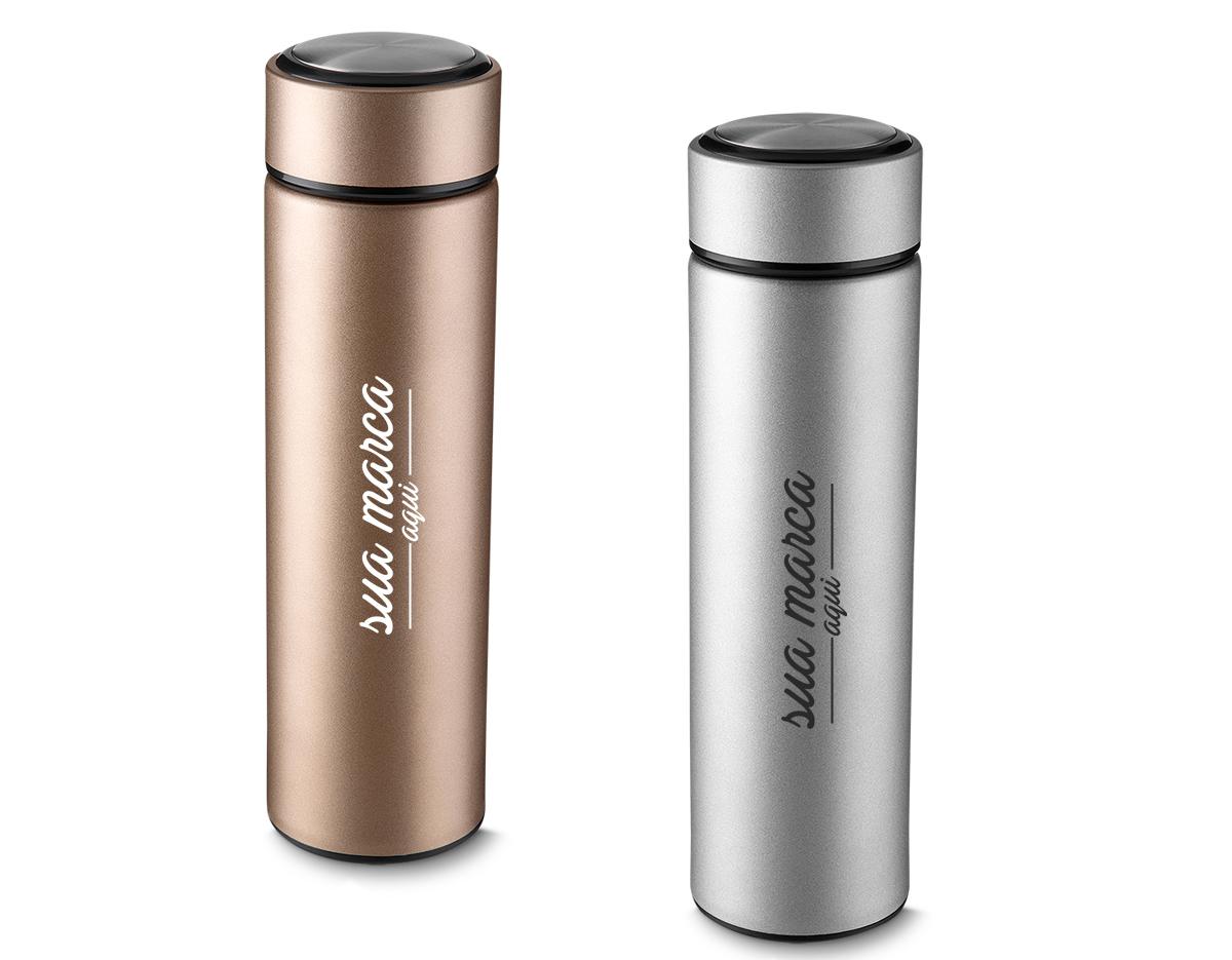 Garrafa em aço inox com parede dupla de 450 ml, conserva a temperatura quente ou fria