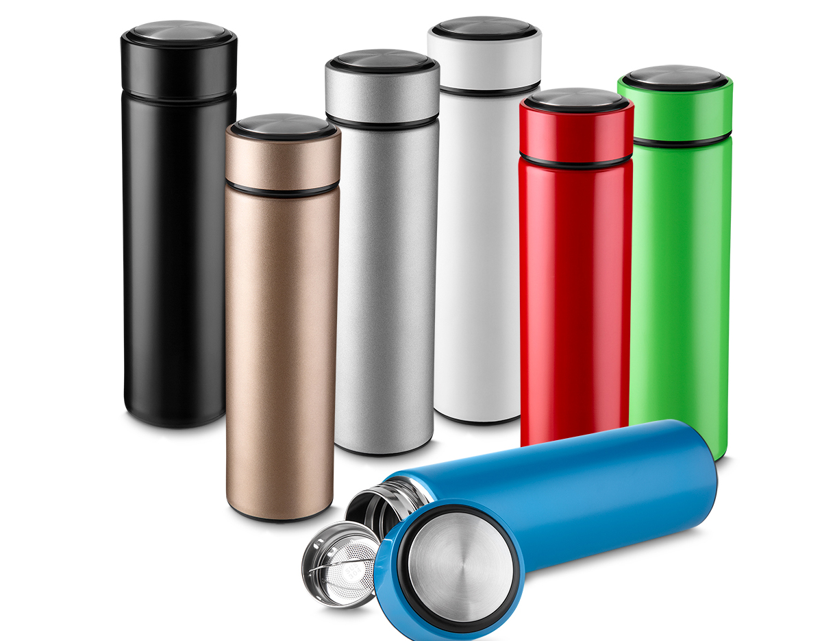 Garrafa em aço inox com parede dupla de 450 ml, conserva a temperatura quente ou fria