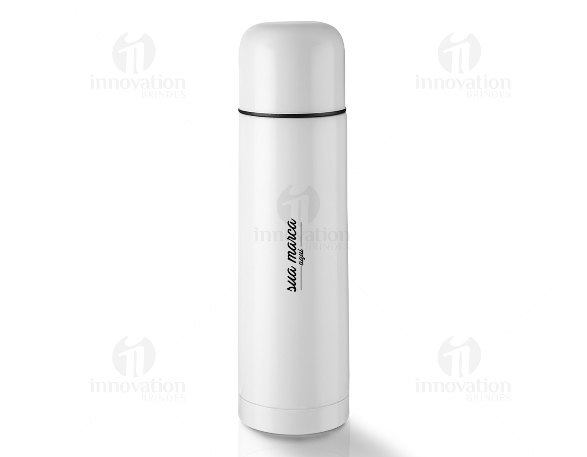 Garrafa em aço inox com parede dupla de 500 ml, conserva a temperatura quente ou fria e sua tampa pode ser usada como copo.