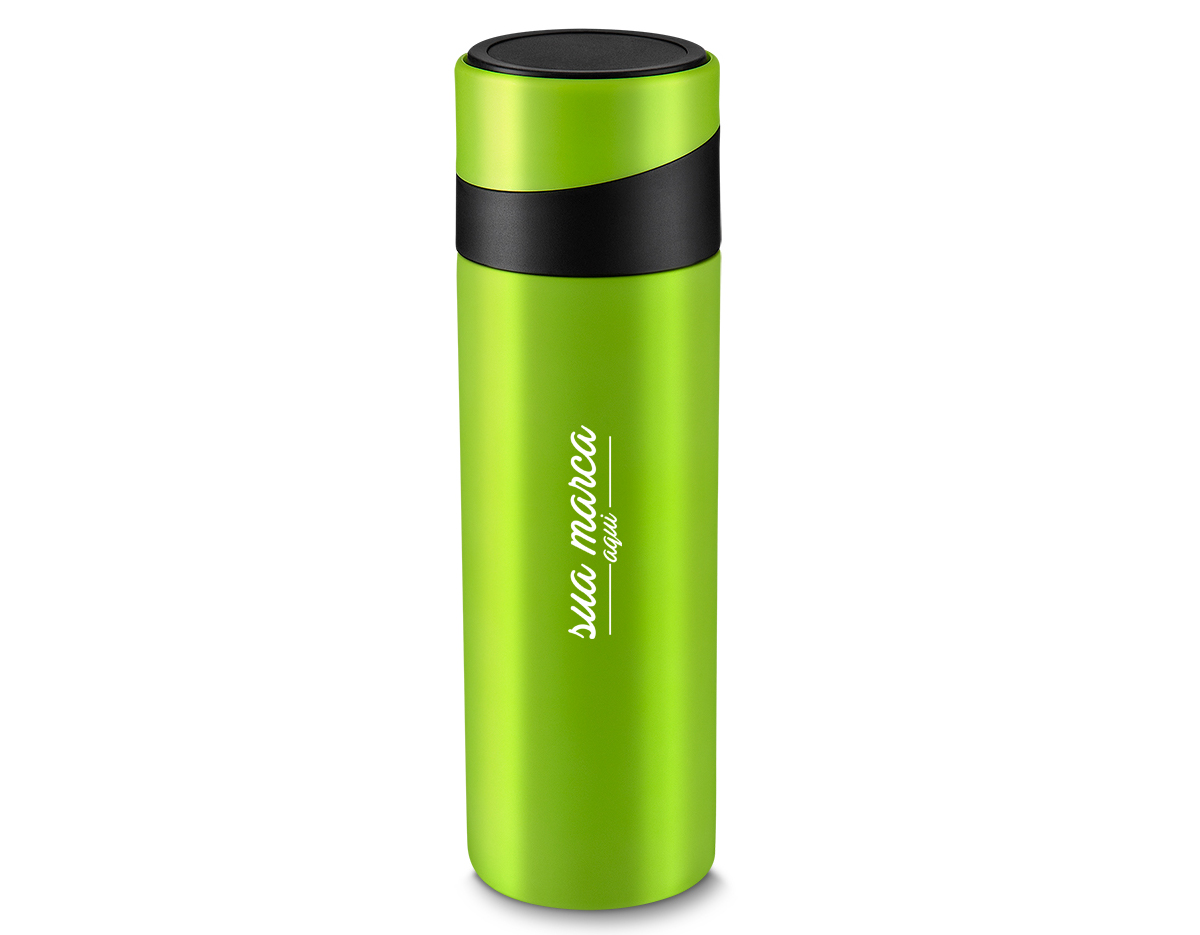 Garrafa em aço inox parede dupla 400 ml, conserva a temperatura quente ou fria, com apoio para celular na tampa.