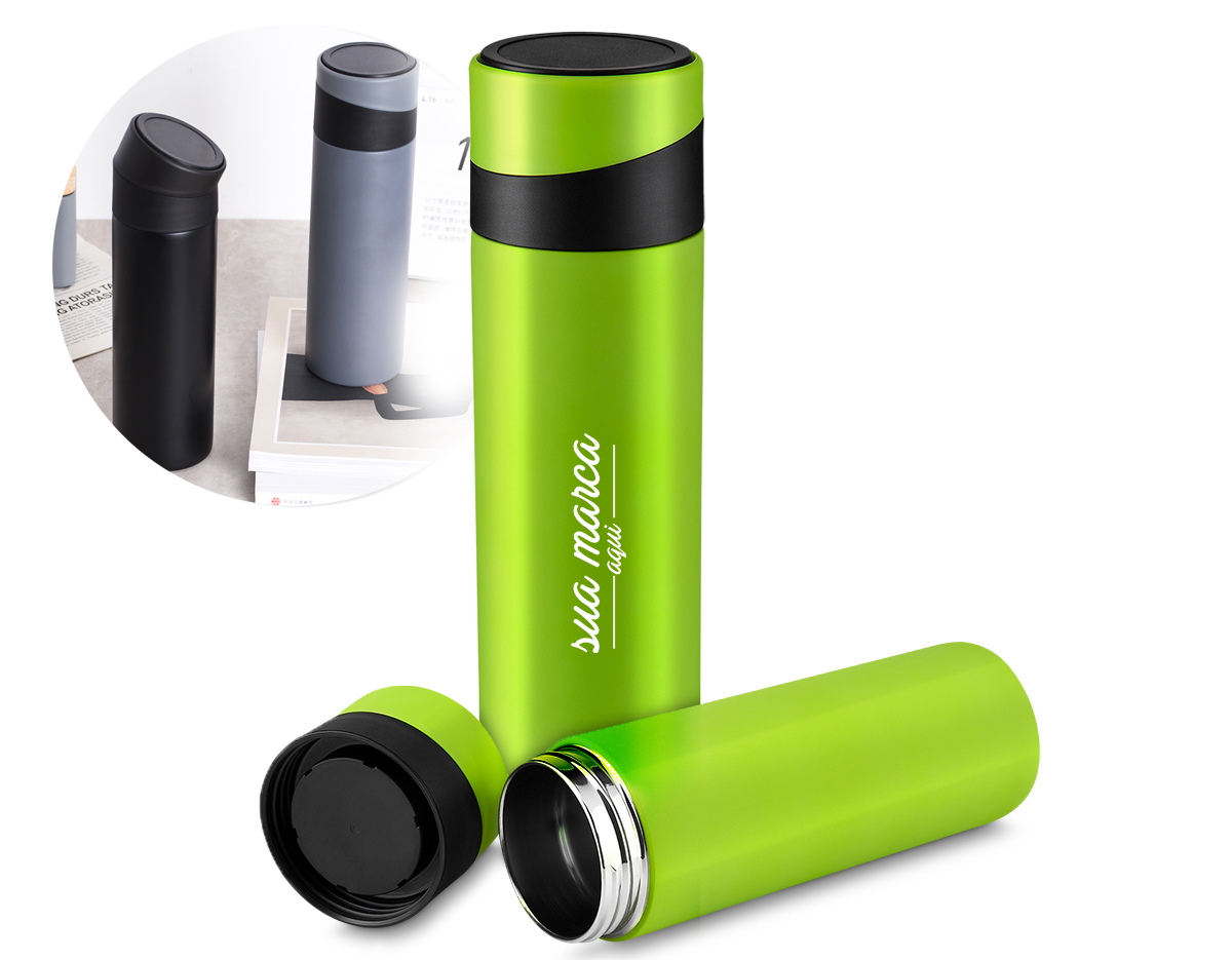 Garrafa em aço inox parede dupla 400 ml, conserva a temperatura quente ou fria, com apoio para celular na tampa.