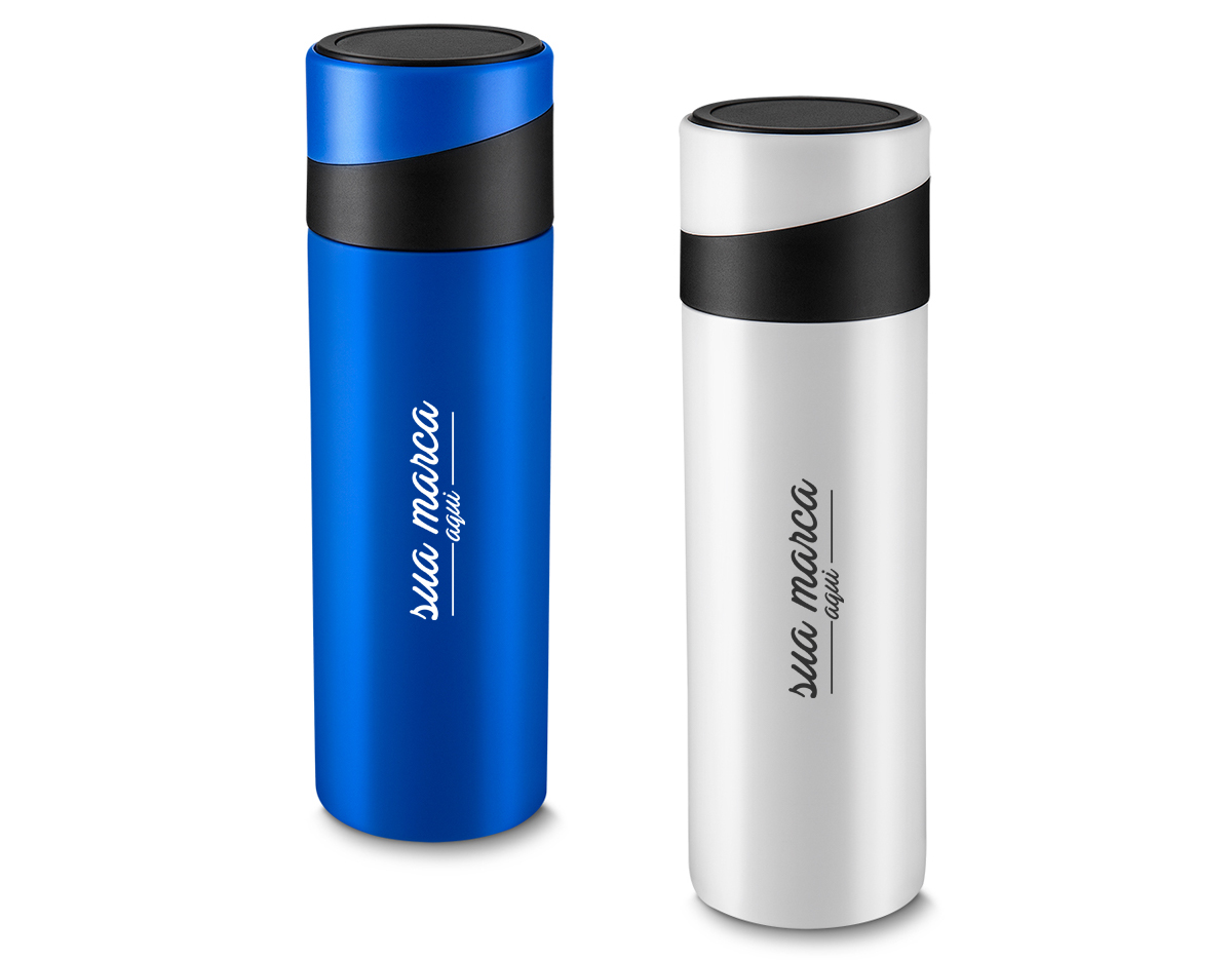Garrafa em aço inox parede dupla 400 ml, conserva a temperatura quente ou fria, com apoio para celular na tampa.