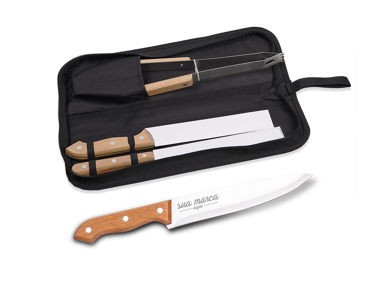Kit Churrasco, contendo:
Estojo de Nylon
Faca 
Garfo trinchante
Pegador
Os componentes de madeira poderão apresentar tonalidades diferente