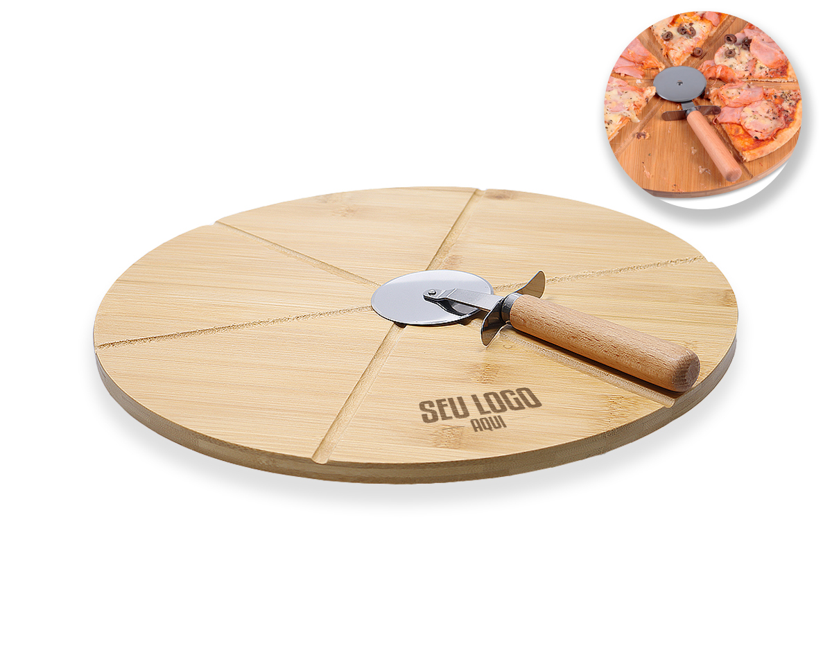 Kit pizzas, contendo
Tábua para pizza
Cortador
Obs.:Os componentes de madeira e bambu poderão apresentar tonalidades diferente