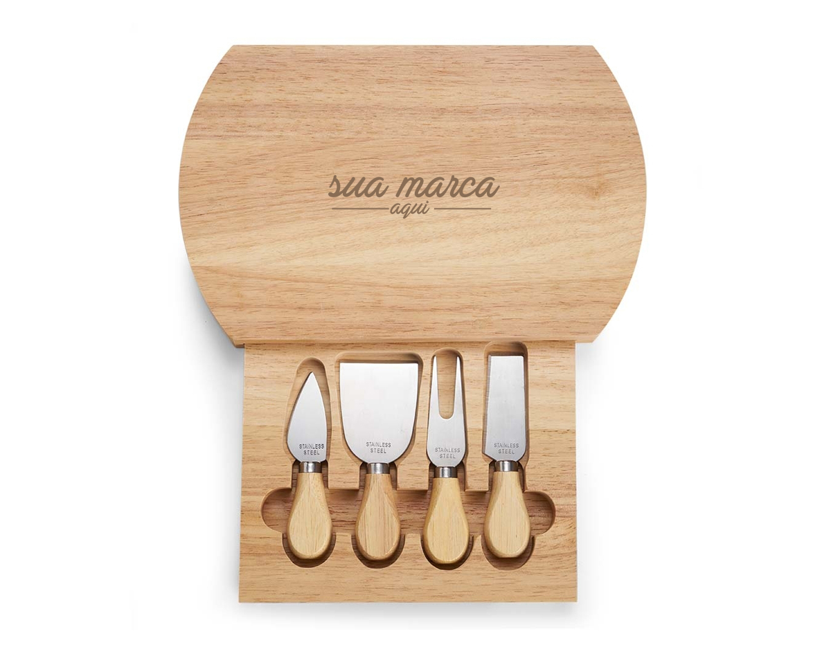 Kit queijo 5 peças, contém: tábua de bambu com gaveta para acomodação dos utensílios, faca com ponta, faca reta, garfo e espátula.