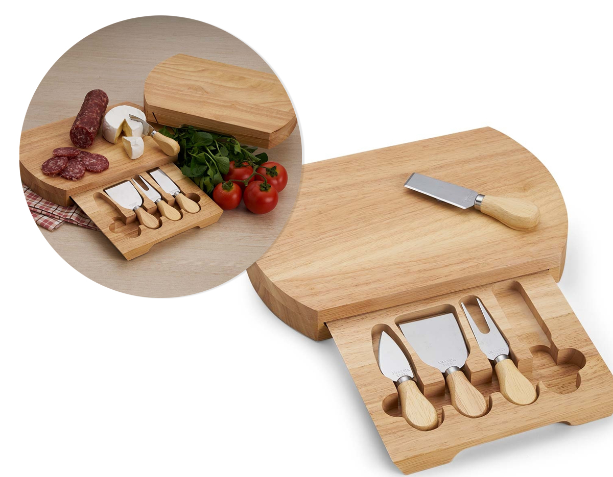 Kit queijo 5 peças, contém: tábua de bambu com gaveta para acomodação dos utensílios, faca com ponta, faca reta, garfo e espátula.