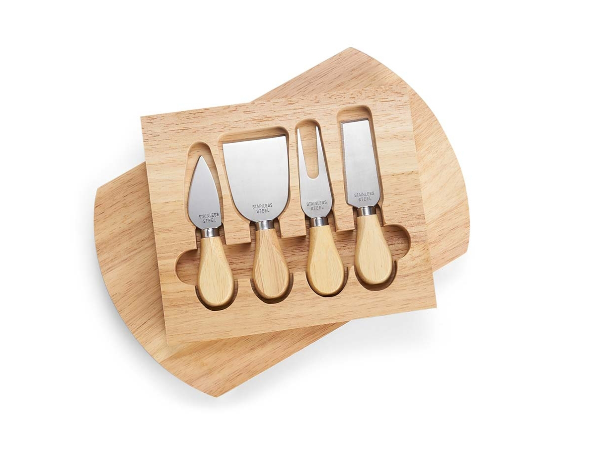 Kit queijo 5 peças, contém: tábua de bambu com gaveta para acomodação dos utensílios, faca com ponta, faca reta, garfo e espátula.
