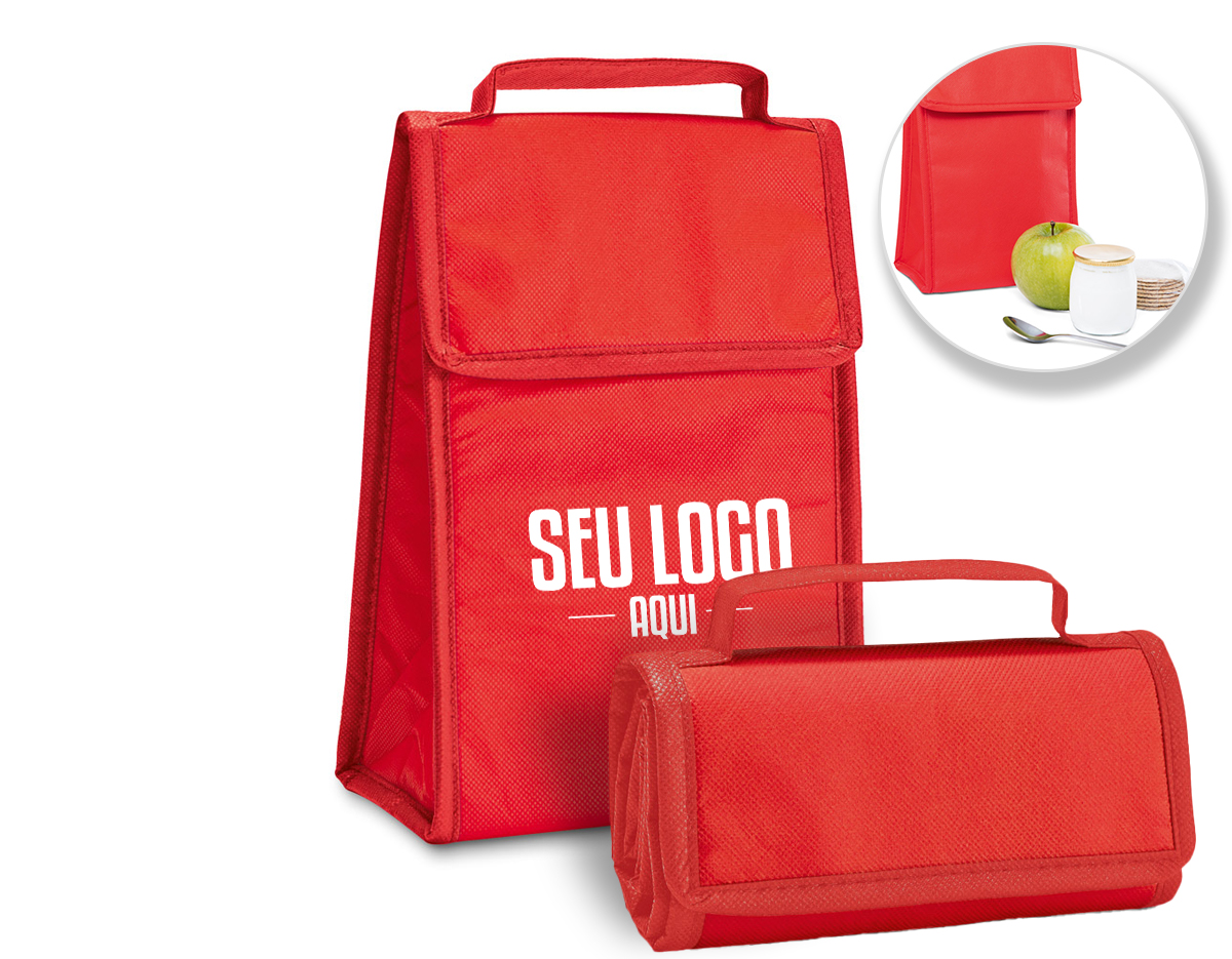 Bolsa térmica dobrável em non-woven (80 g/m²) com fecho em velcro e com capacidade até 3 L. Food grade. Bolsa fornecida desdobrada. Dobrada: 170 x 95 x 40 mm | Aberta: 170 x 265 x 110 mm