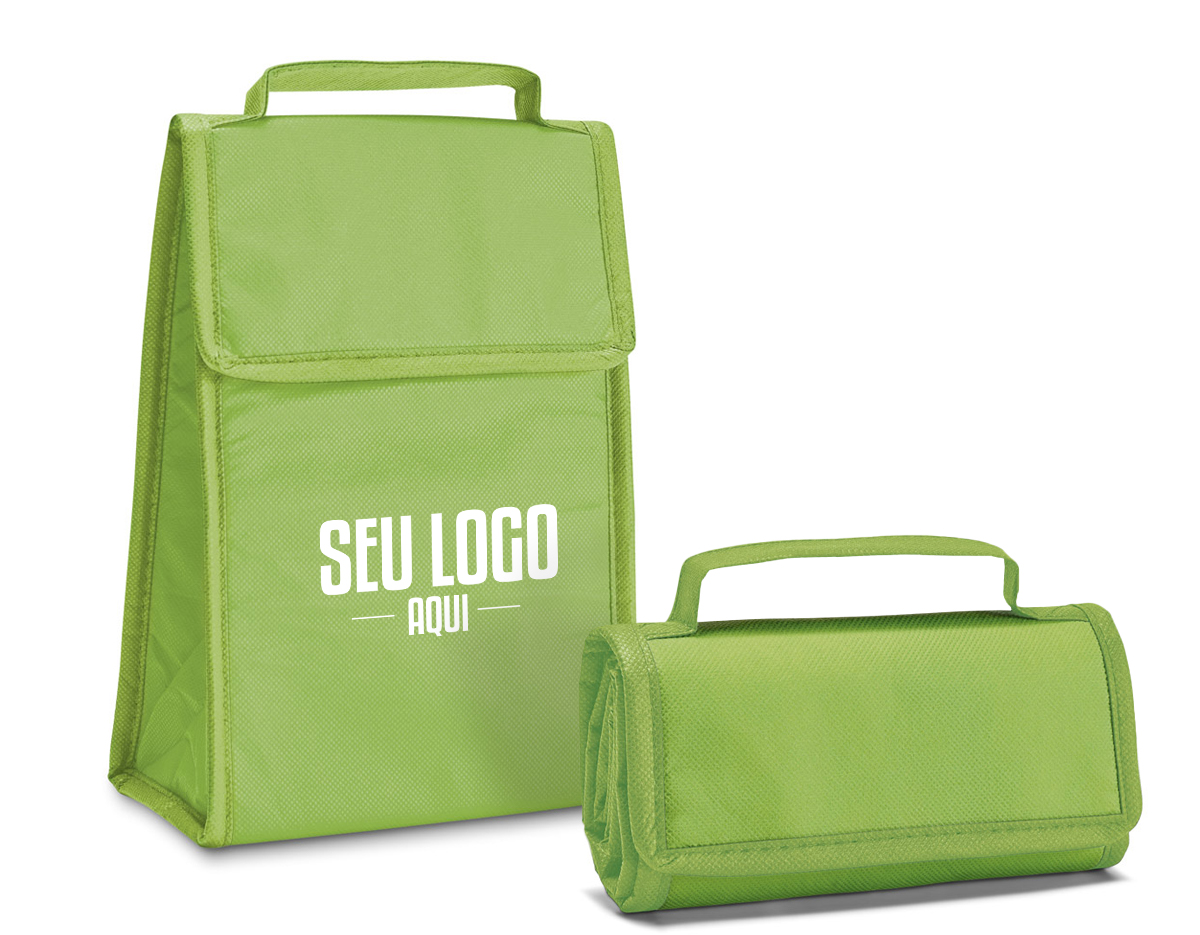 Bolsa térmica dobrável em non-woven (80 g/m²) com fecho em velcro e com capacidade até 3 L. Food grade. Bolsa fornecida desdobrada. Dobrada: 170 x 95 x 40 mm | Aberta: 170 x 265 x 110 mm