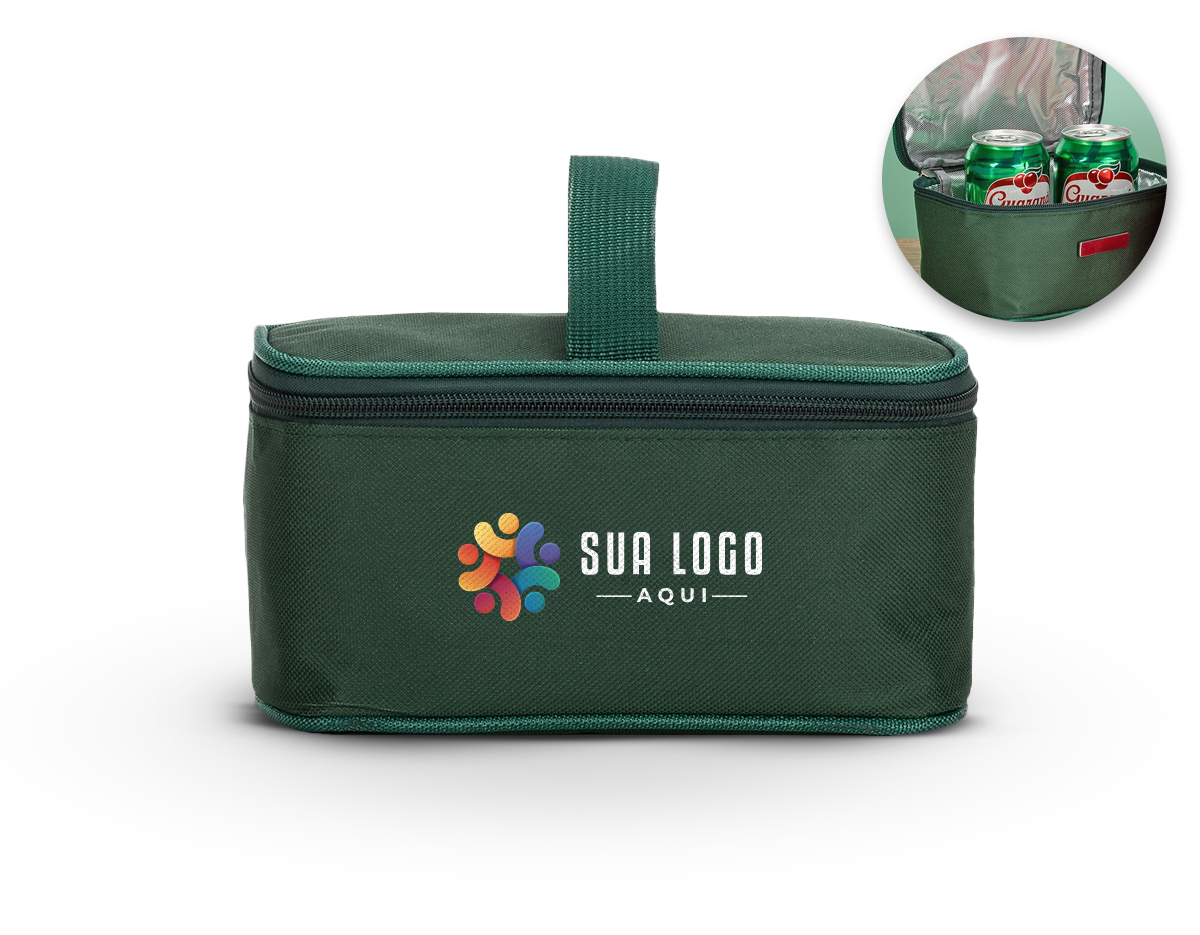 Bolsa térmica 2,6 litros em nylon com alça para mão, parte interna com revestimento térmico e acompanha plaquinha para personalização.