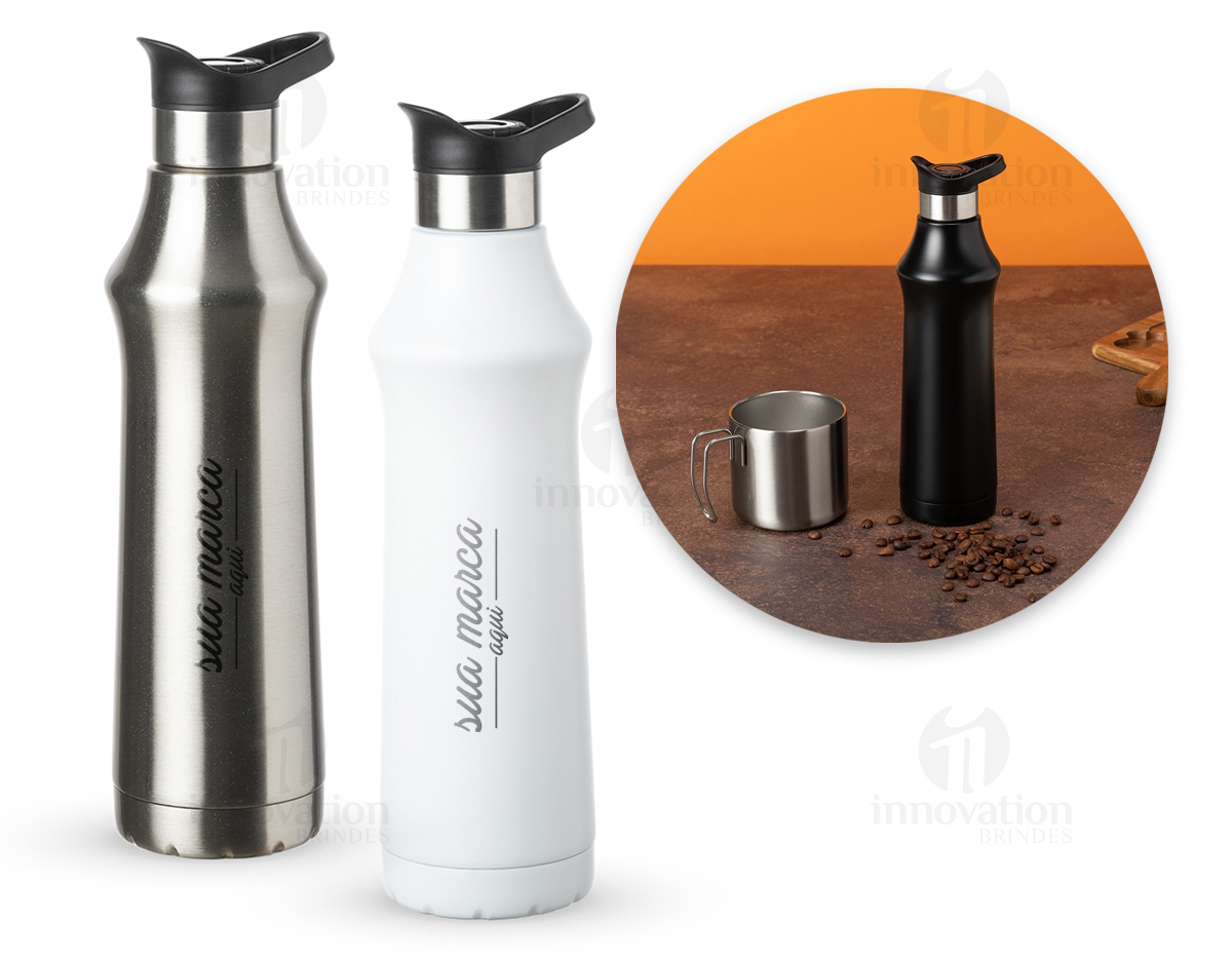 Garrafa térmica 500ml em inox. Tampa plástica com alça para transporte e botão de acionamento basta um clique para abrir ou fechar