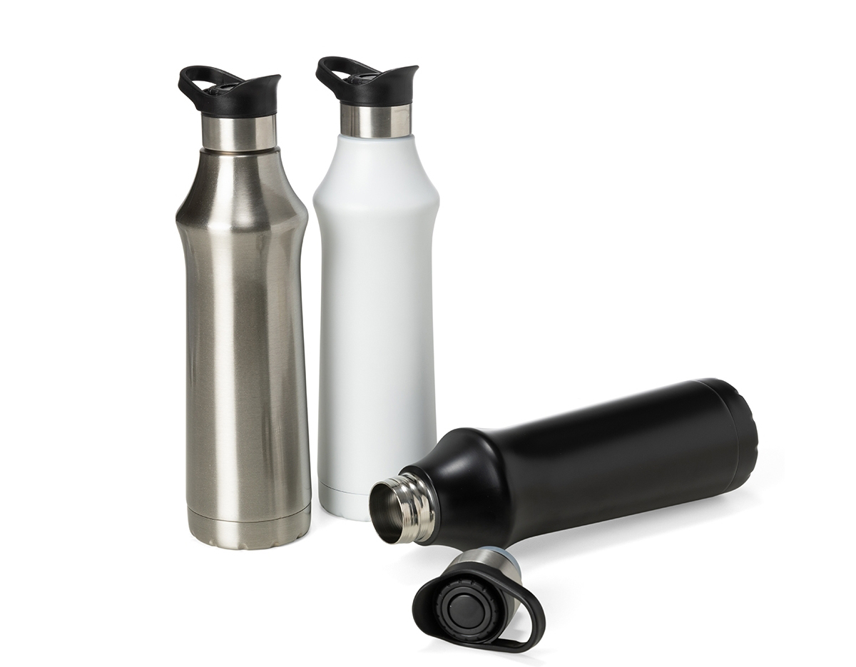 Garrafa térmica 500ml em inox. Tampa plástica com alça para transporte e botão de acionamento basta um clique para abrir ou fechar