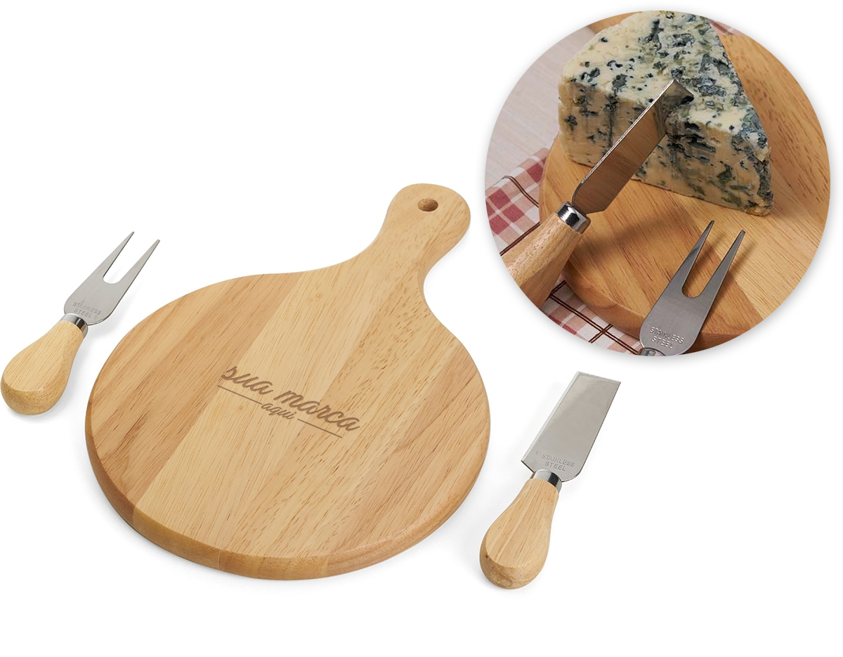 Kit queijo 3 peças em estojo kraft, contém: Tábua de bambu redonda, faca reta, e garfo. Tábua com orifício para encaixe.