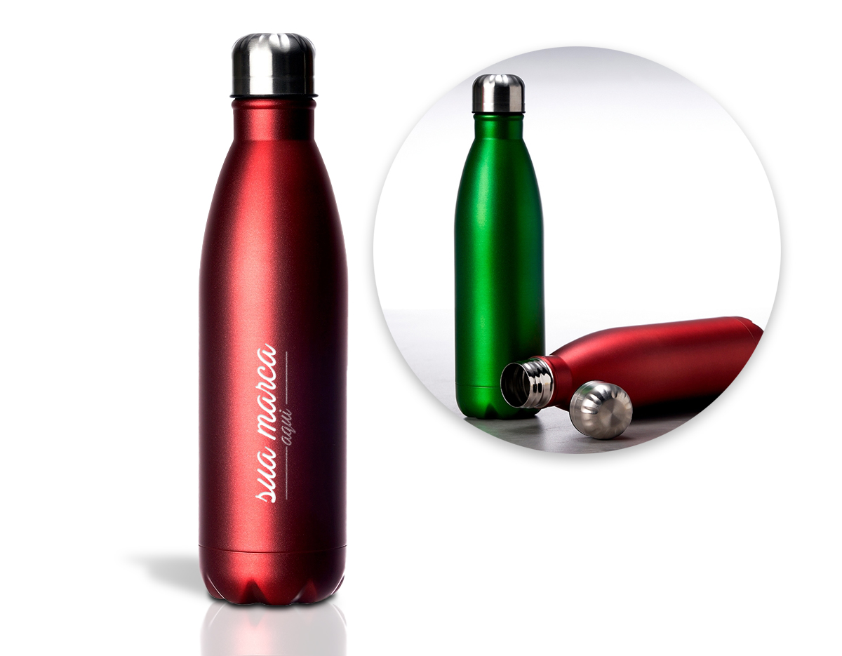 Garrafa 750ml em inox com tampa rosqueável e pintura fosca metalizada. Obs.: Não é um modelo térmico