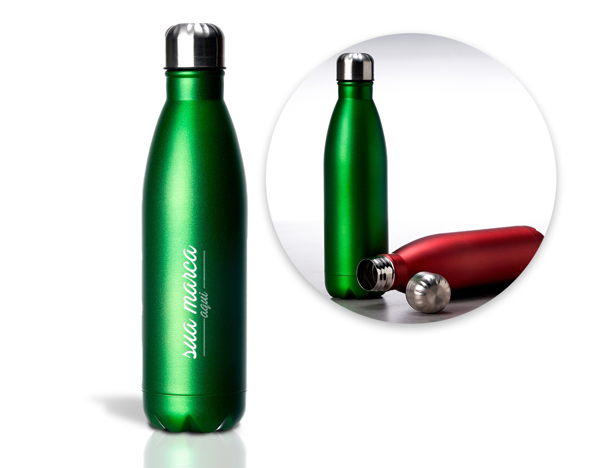 Garrafa 750ml em inox com tampa rosqueável e pintura fosca metalizada. Obs.: Não é um modelo térmico