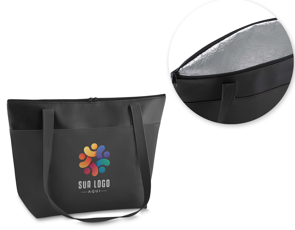 Bolsa térmica conservadora, capacidade 6,5 litros, nylon 420 e detalhe em couro sintético com alça de ombro
