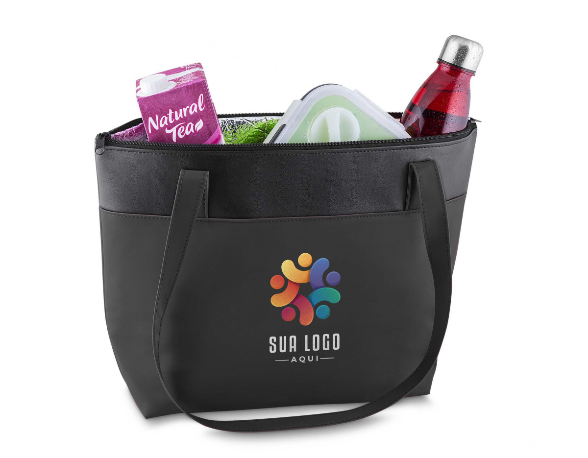 Bolsa térmica conservadora, capacidade 6,5 litros, nylon 420 e detalhe em couro sintético com alça de ombro