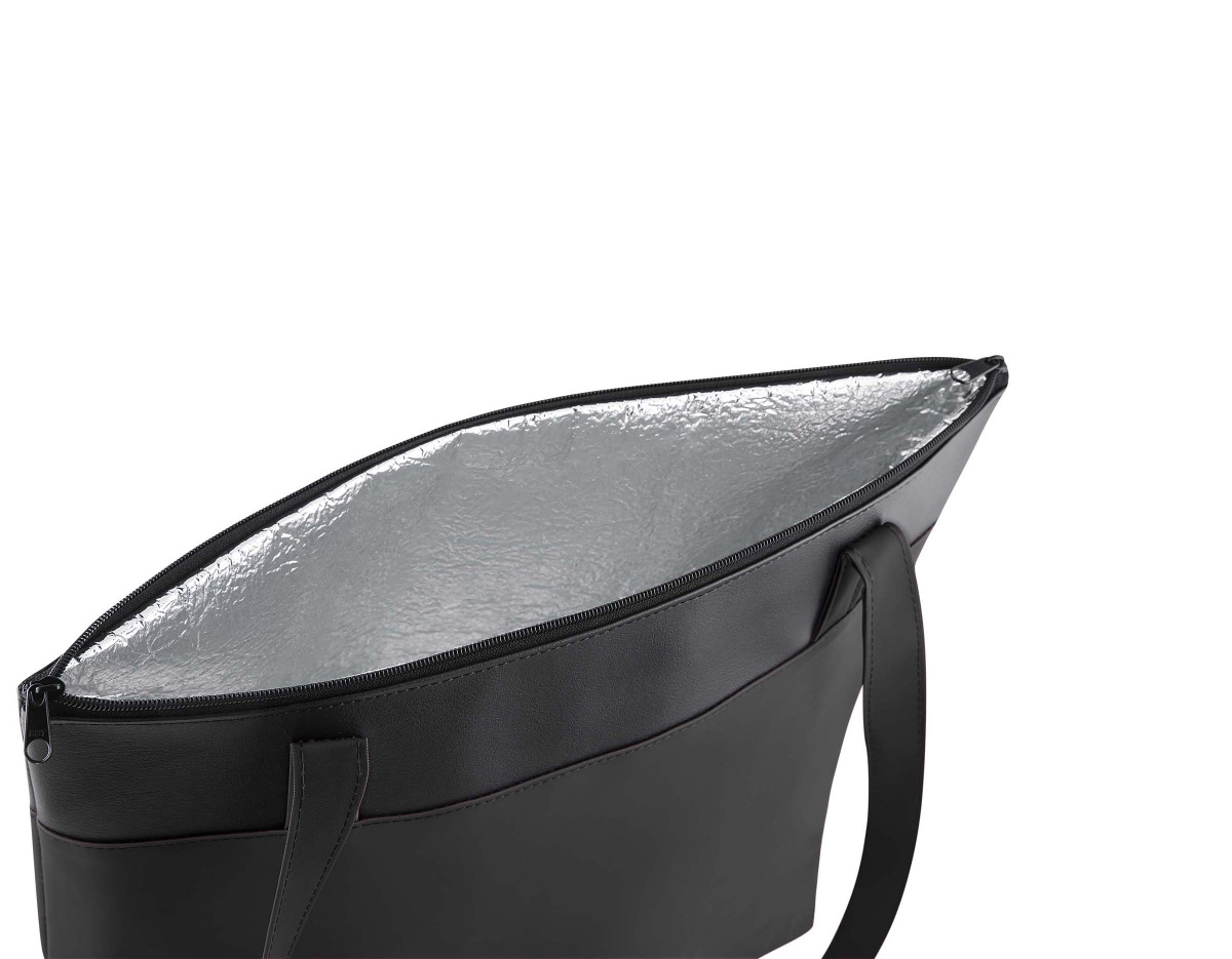 Bolsa térmica conservadora, capacidade 6,5 litros, nylon 420 e detalhe em couro sintético com alça de ombro