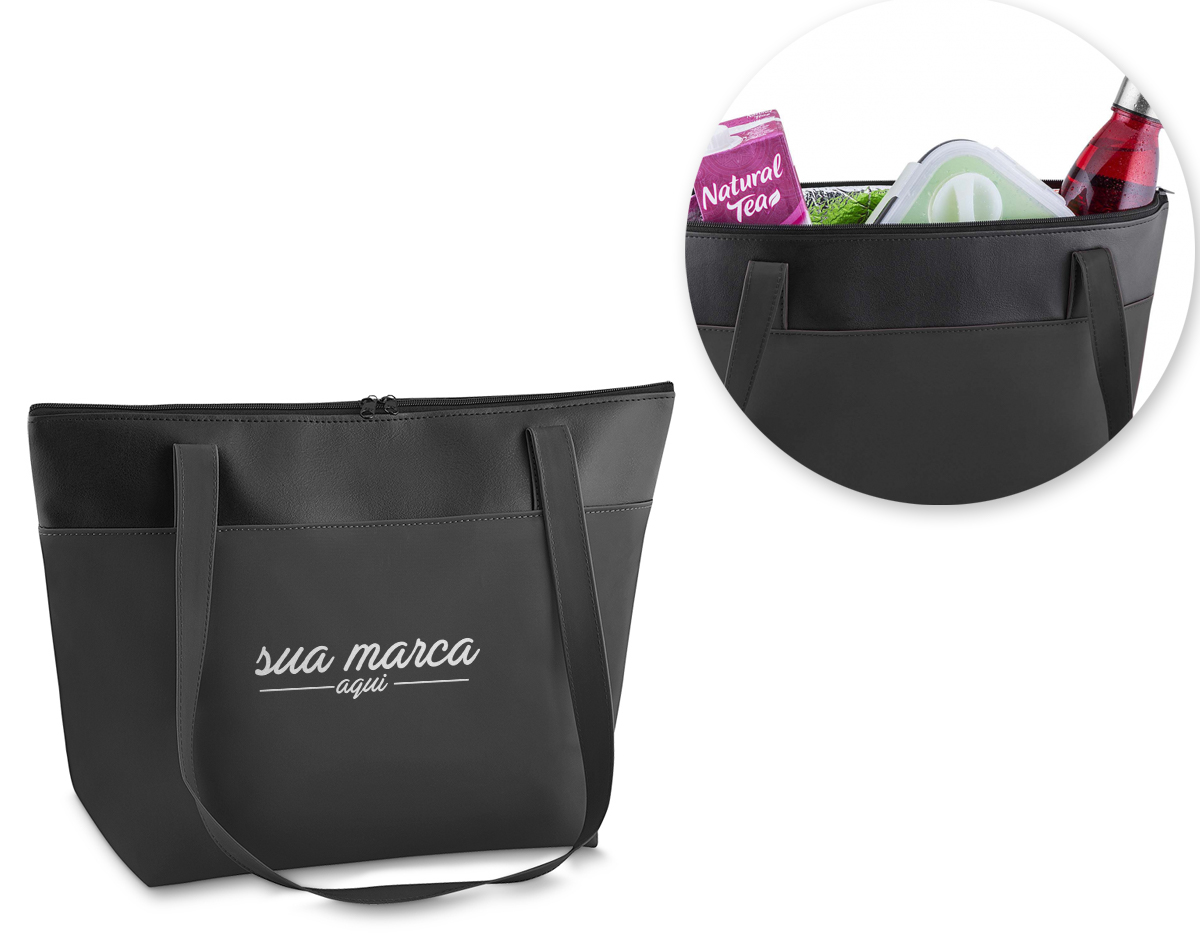 Bolsa térmica conservadora, capacidade 6,5 litros, nylon 420 e detalhe em couro sintético com alça de ombro