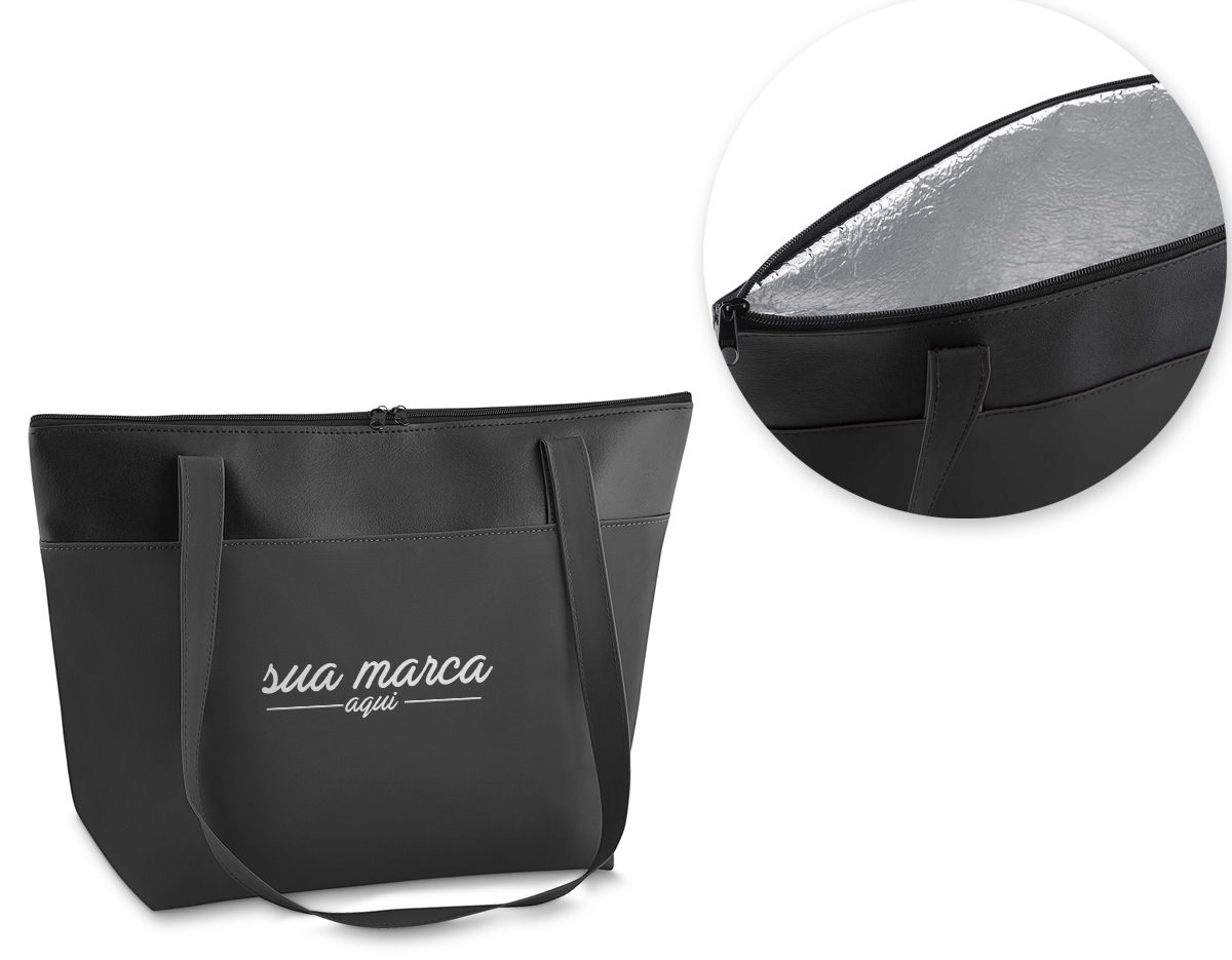 Bolsa térmica conservadora, capacidade 6,5 litros, nylon 420 e detalhe em couro sintético com alça de ombro