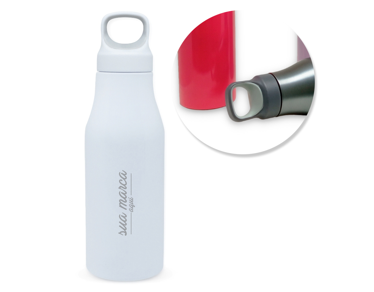 Garrafa 650ml em inox com tampa rosqueável com alça para transporte.