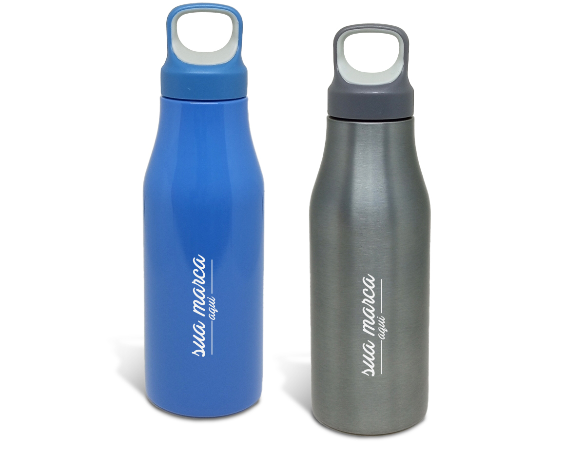 Garrafa 650ml em inox com tampa rosqueável com alça para transporte.
