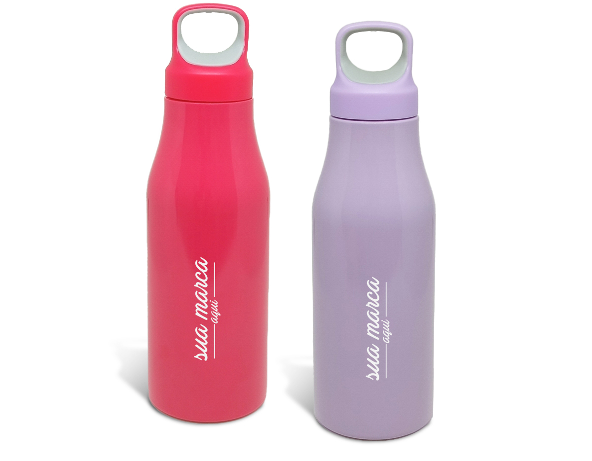 Garrafa 650ml em inox com tampa rosqueável com alça para transporte.