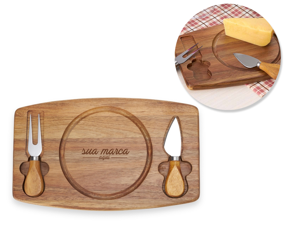 kit queijo 3 peças, contém: tábua de madeira com canaleta, faca com ponta, e garfo. Tábua com imã para encaixe e fixação dos utensílios.