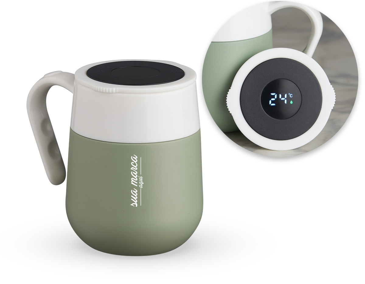Caneca Térmica 500ml em inox com display LED com termômetro digital na tampa para indicar a temperatura do líquido.