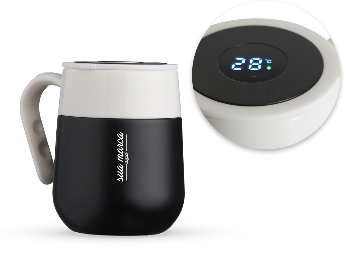 Caneca Térmica 500ml em inox com display LED com termômetro digital na tampa para indicar a temperatura do líquido.