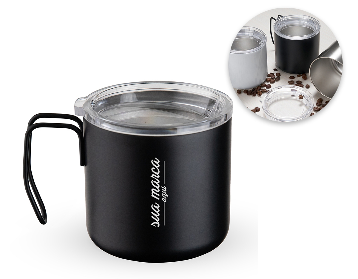 Caneca 350 ml parede dupla em Inox, com pegador de inox, contém tampa transparente com compartimento para beber.